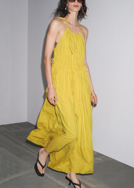 Yellow Wrinkled Lace Up Linen Spaghetti Strap Dress Sleeveless