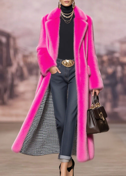 Rose Peter Pan Collar Pockets Faux Fur Coat Winter