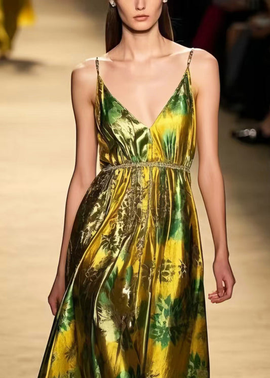 Fluorescent Green Print Silk Vestidos Dress Summer