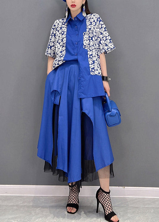 Blue Peter Pan Collar Asymmetrical Design Tulle Patchwork Shirt and Skirt Two Pieces Sets Summer