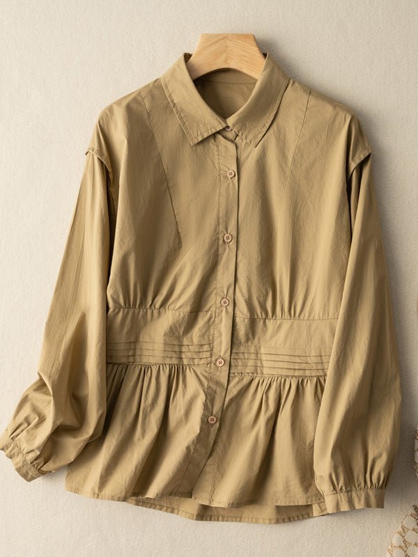 100% Natural Fabric Pleated Button Long Sleeve Loose Shirt