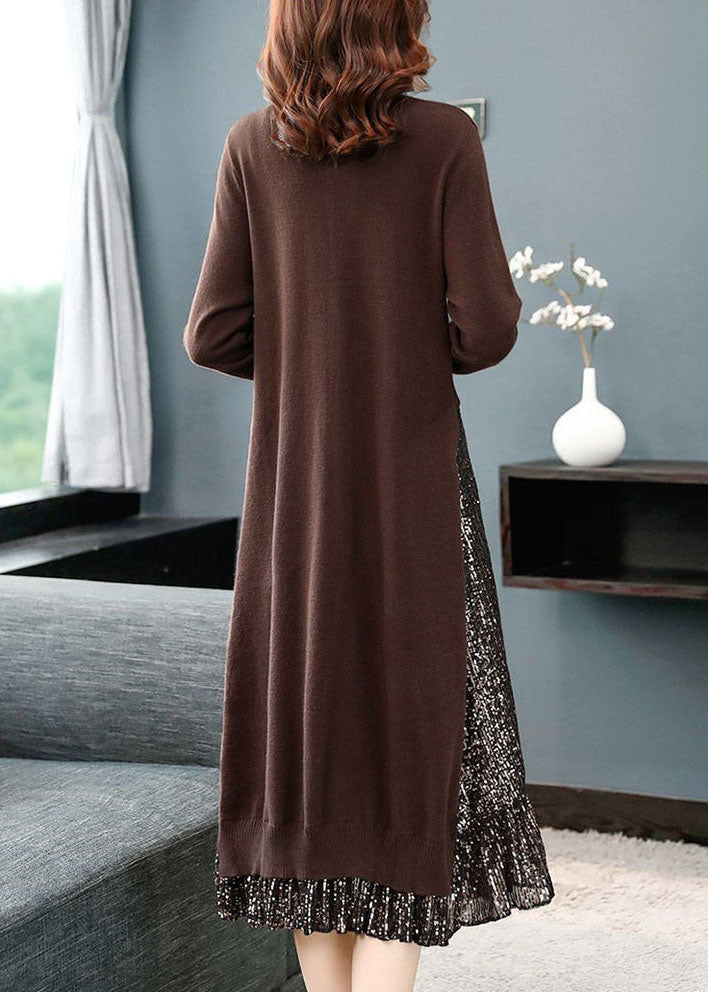 French Coffee Turtle Neck Patchwork Sequins Knit Long Sweater Dress Long Sleeve