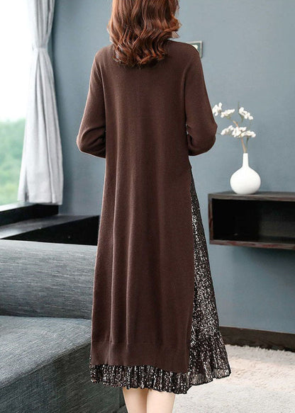 French Coffee Turtle Neck Patchwork Sequins Knit Long Sweater Dress Long Sleeve