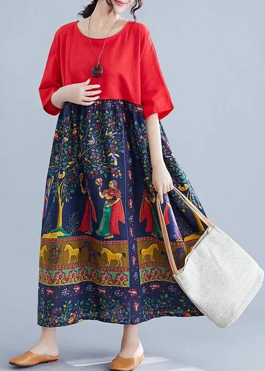 Red O-neck Patchwork Print Pockets Summer Maxi Dresses