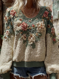 Bohemian Style Plant And Flower Embroidery Pattern Women's Round Neck Knitted Sweater