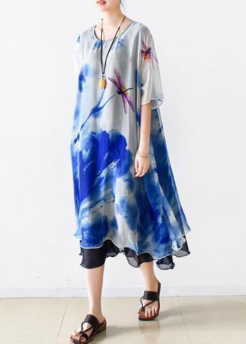 O Neck Pockets Chiffon Long Shirts Indian Sleeve Blue Print Dress Summer
