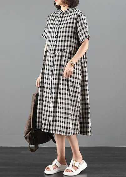 Lapel Cinched Summer Dress Work Black Plaid Maxi Dresses