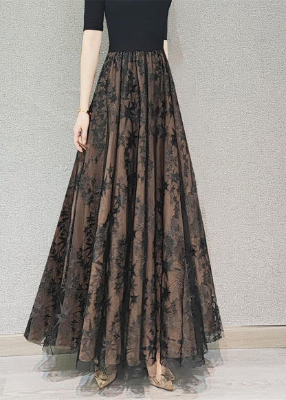 Chocolate Embroideried High Waist Flatering Tulle Maxi Skirt Spring