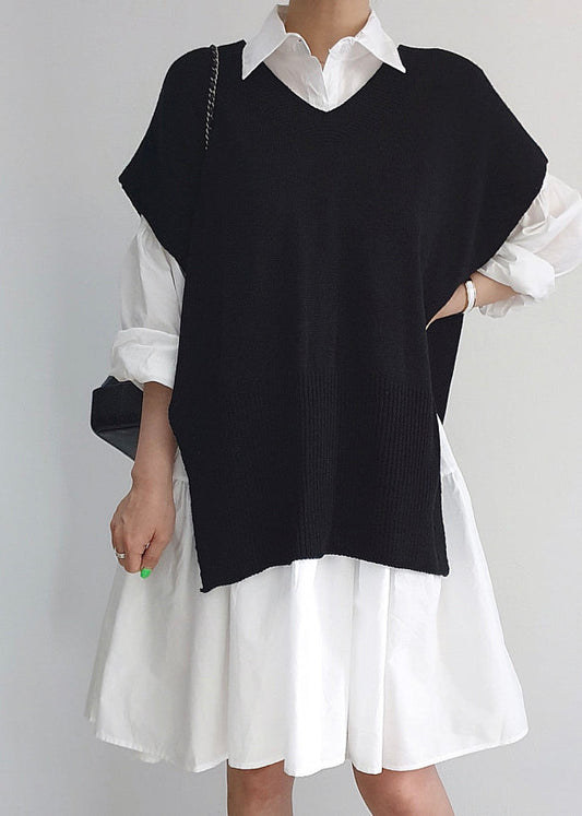 Stylish Side Open Knit Vests and Shirt Dresses Two Pieces Set Spring
