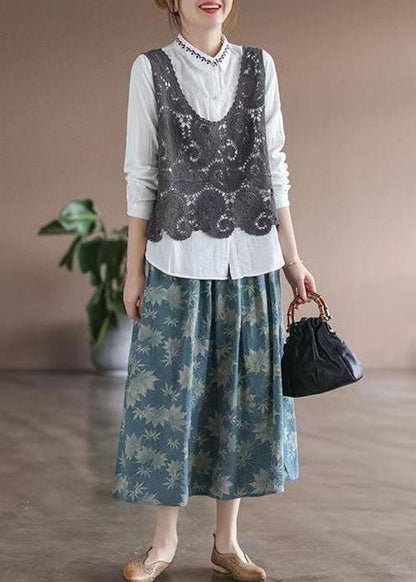 Blue Wrinkled Elastic Waist Patchwork Cotton Skirts Summer