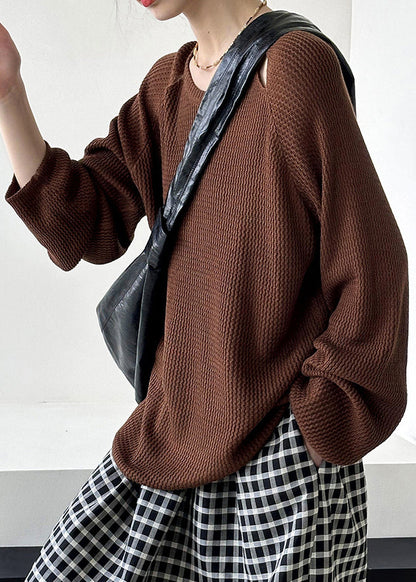 Brown O Neck Hollow Out Knit Sweaters Fall
