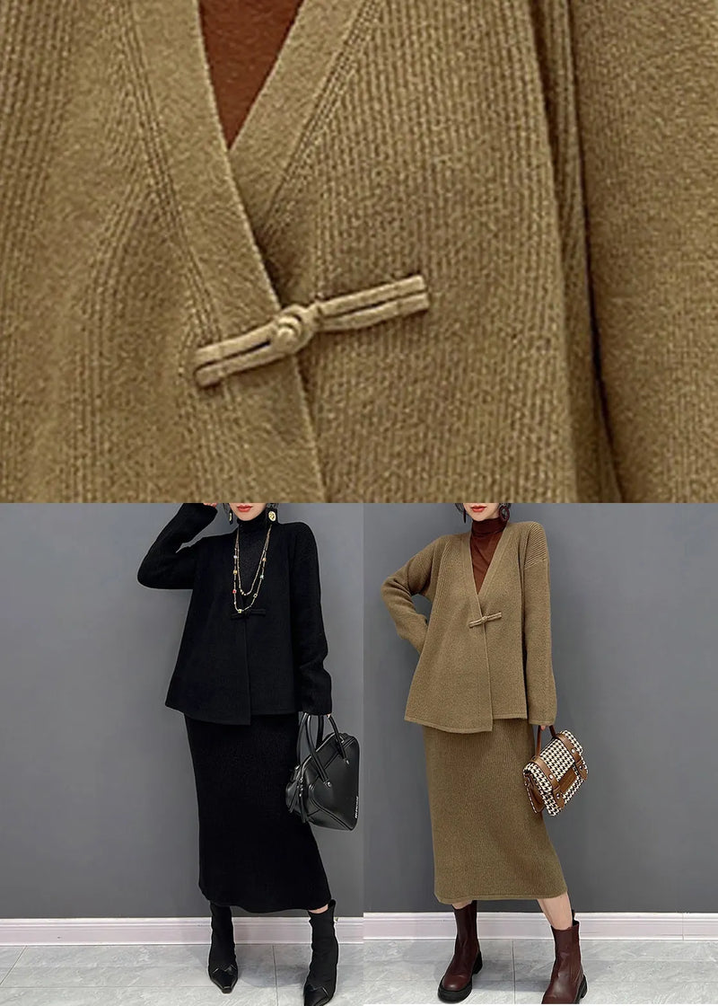 Black V Neck Knit Cardigans and Skirts Two Pieces Set Winter