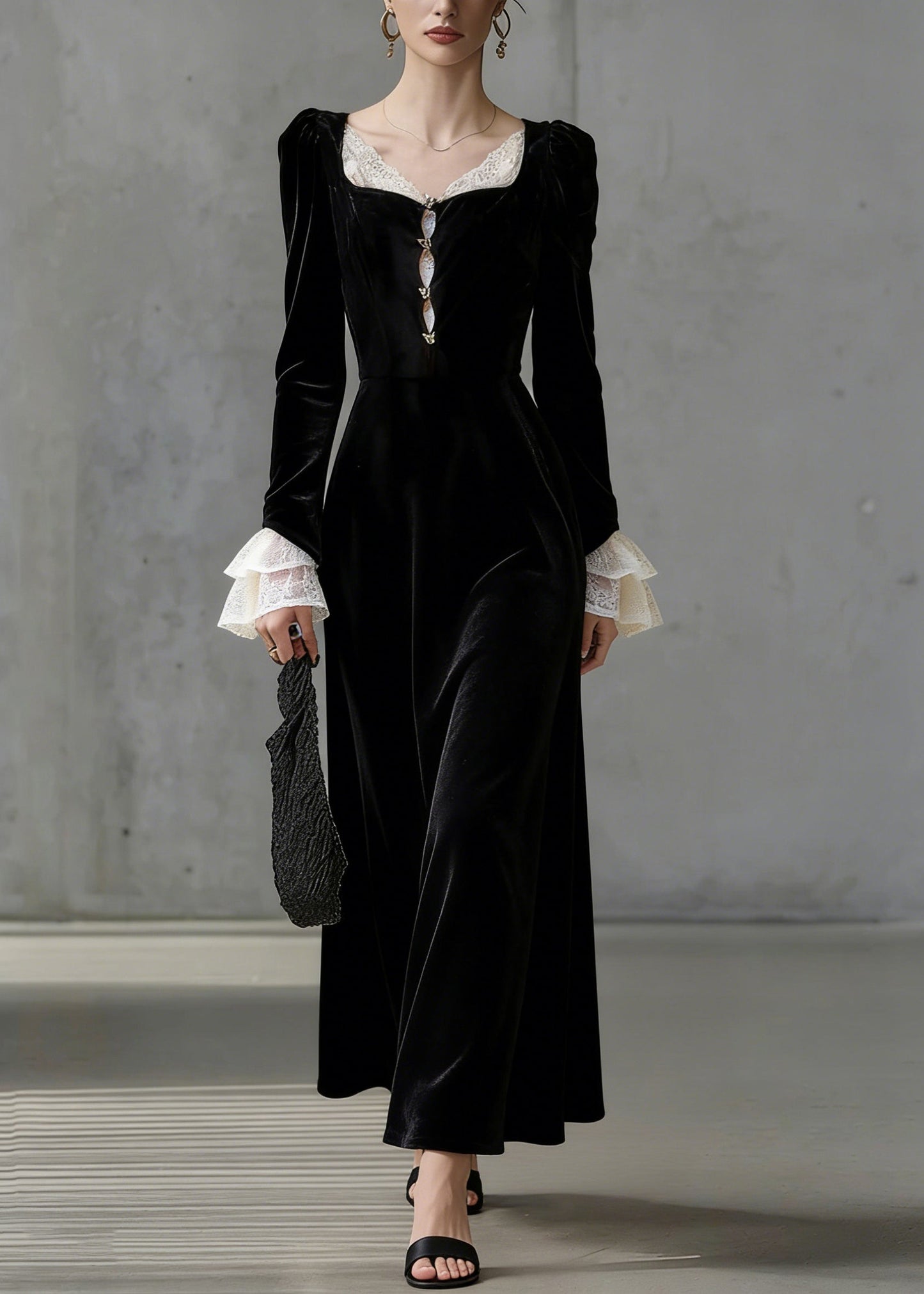 French Black Square Collar Lace Patchwork Silk Velvet Long Dress Flare Sleeve