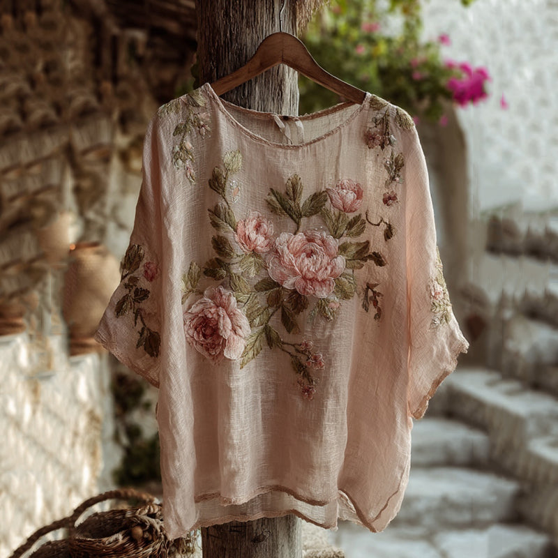 Vintage Pink Floral Art Pattern Linen T-shirt elevenforest