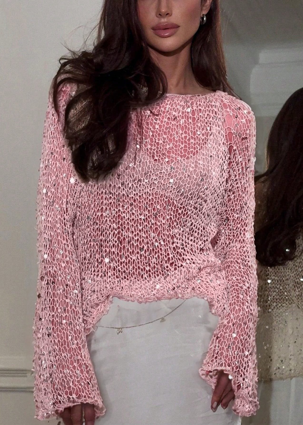 Beige O-neck Hollow Out Sequins Knit Top Spring