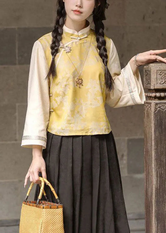 New Retro Yellow Top and Skirt Silk Two Pieces Set Autumn