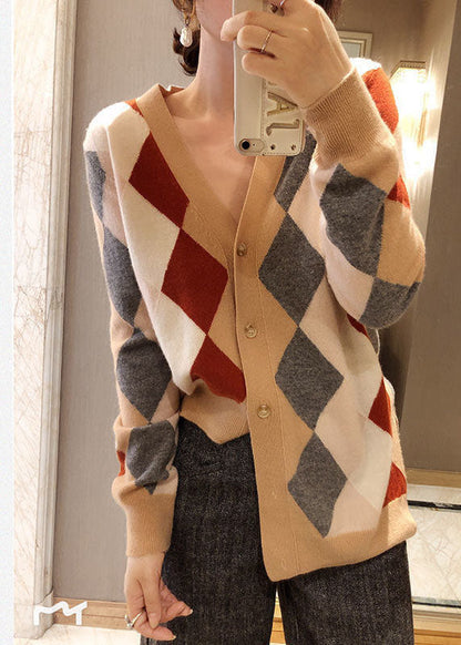 Khaki V Neck Asymmetrical Plaid Knit Cardigan Winter