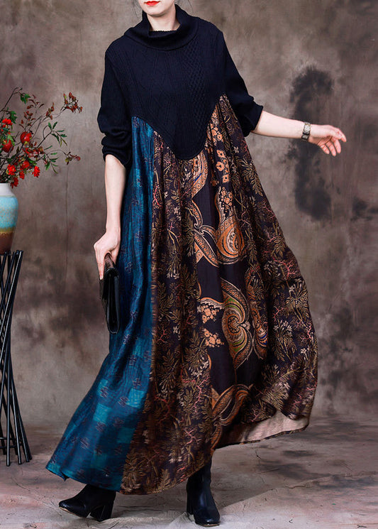 Blue Patchwork Coffee Turtleneck Print Silk Maxi Dress Long Sleeve