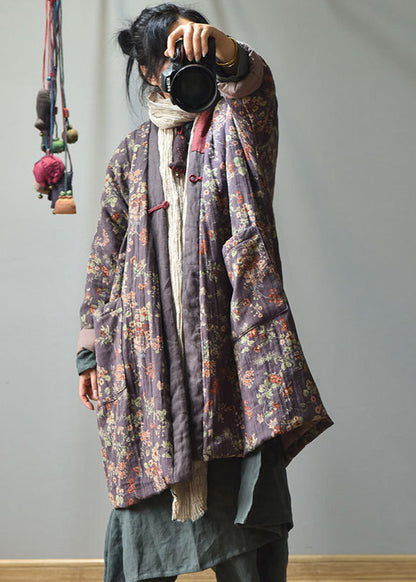 Purple V Neck Pockets Print Fine Cotton Filled Winter Coats