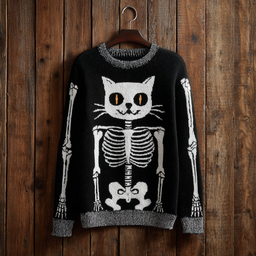 Halloween Cat Skull Art Black Round Neck Sweater elevenforest