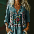 Women's Bohemian Floral Art Casual Linen Henley Collar Shirt elevenforest