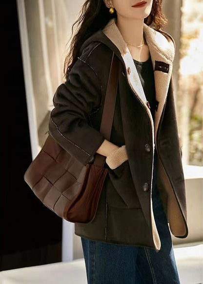 Loose Camel Hooded Pockets Patchwork Wear on Both Sides Woolen Coats Winter
