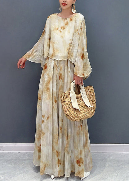 Yellow Print Chiffon Top and Maxi Skirts Two Pieces Set Flare Sleeve