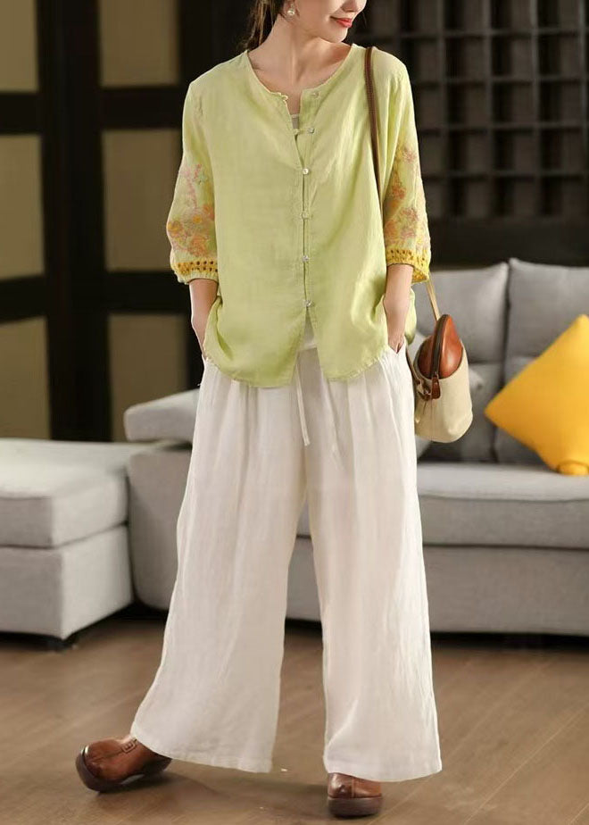 Light Green Embroidered Linen Shirts Bracelet Sleeve