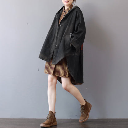 New Dark Gray Denim Coats Hooded Trench Coat Fine Low High Design Coat