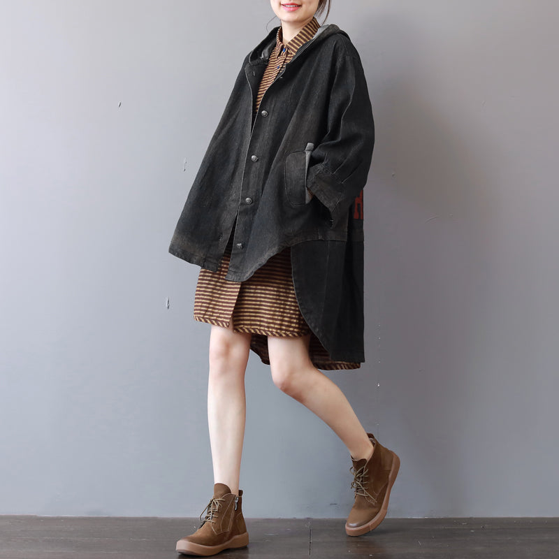 New Dark Gray Denim Coats Hooded Trench Coat Fine Low High Design Coat