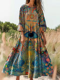 Women's Retro Ethnic Hippie Eye Art Print Flowy Cotton Crew Neck Dress