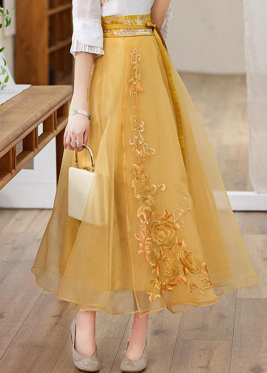 Yellow Embroideried High Waist Tie Waist Tulle Skirts Fall