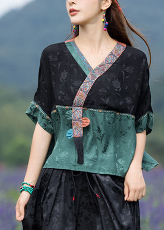 Jacquard Black Stand Collar Embroidered Patchwork Satin Top Half Sleeve