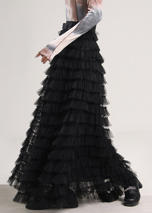 Black High Waist Tulle Pleated Skirt Spring