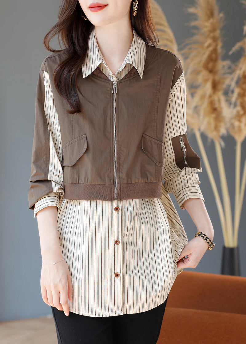 Khaki Striped Patchwork Cotton Fake Two Piece Shirt Top Spring