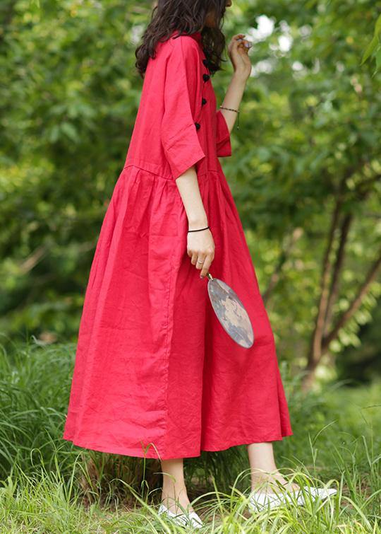 Red Cotton Tunics Stand Collar Cinched a Line Dresses