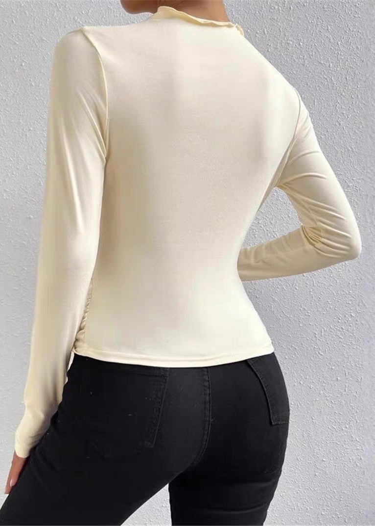 Slim Fit Beige Wrinkled Cotton T Shirts Spring