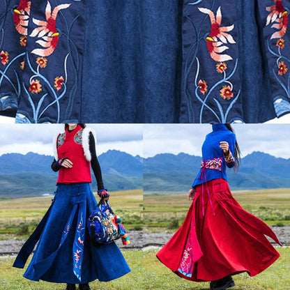 Navy Cotton Quilting Clothes Chinese Button Loose Embroidery Skirts