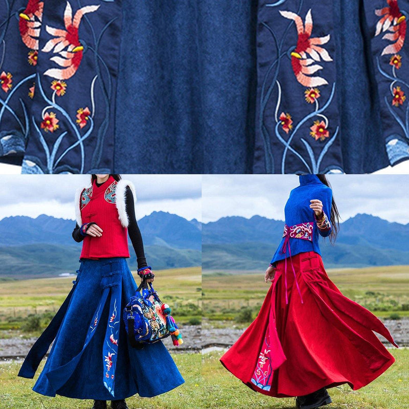 Navy Cotton Quilting Clothes Chinese Button Loose Embroidery Skirts