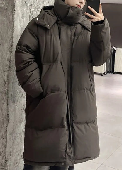 Loose Coffee Hooded Zippered Duck Down Down Long Coats Winter