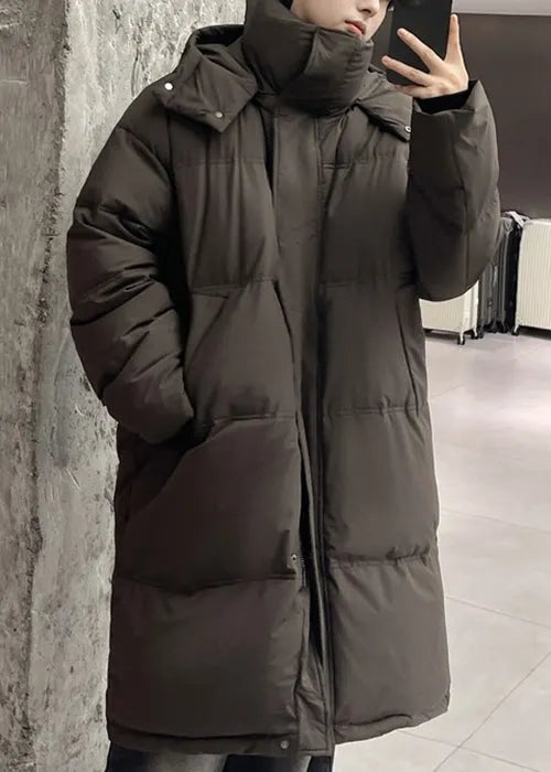 Loose Coffee Hooded Zippered Duck Down Down Long Coats Winter