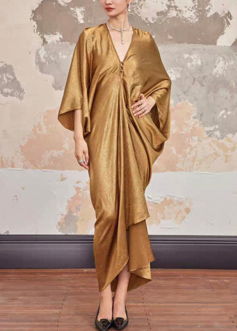 Gold V Neck Silk Long Dresses Batwing Sleeve