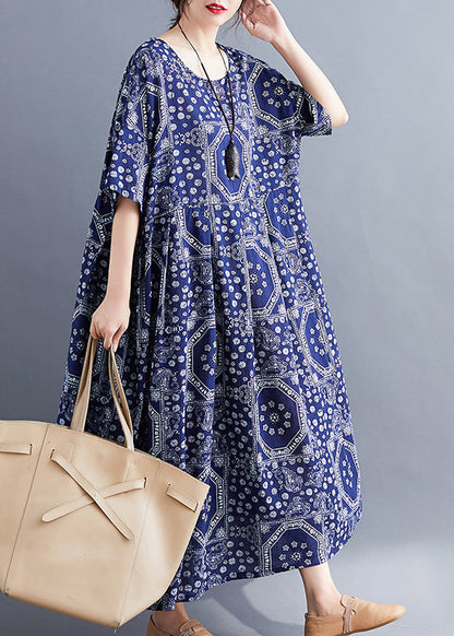 Navy O-neck Print Cotton Long Dress Short Sleeve