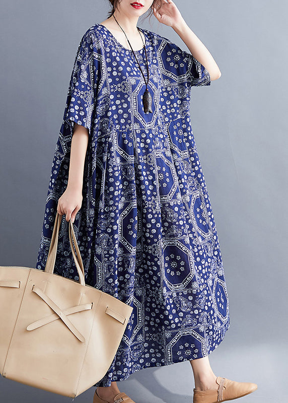 Navy O-neck Print Cotton Long Dress Short Sleeve