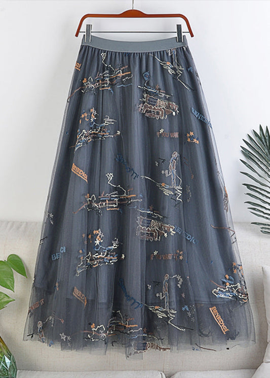 Grey Embroideried Letter Graphic Elastic Waist Skirts Summer