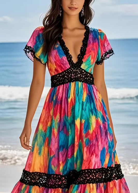Rainbow Cinched Patchwork Chiffon Vacation Dresses Summer
