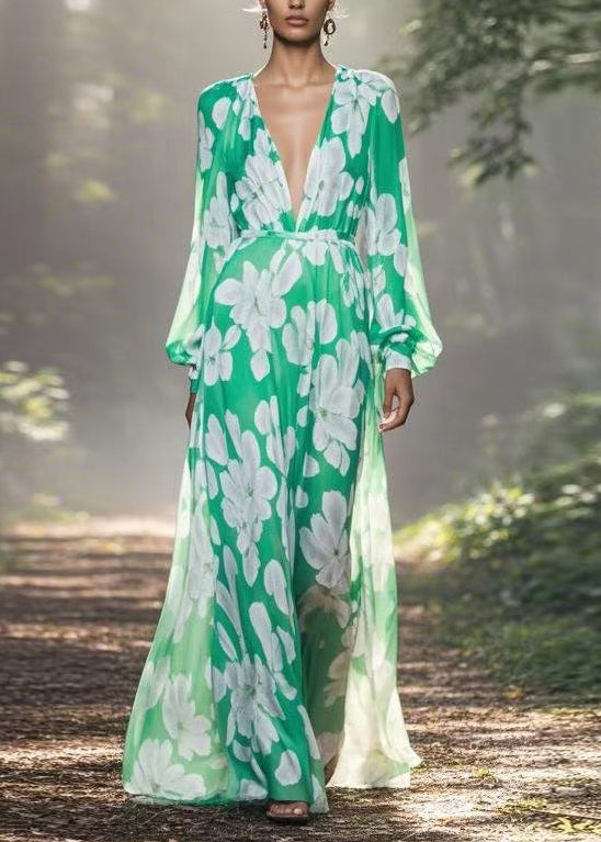 European and American Style V Neck Print Chiffon Maxi Dress Spring