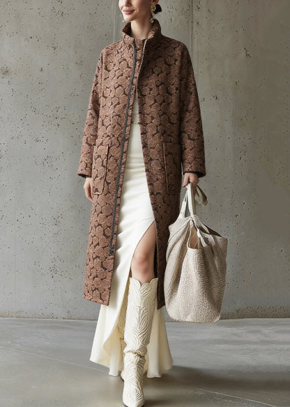 Brown Pockets Jacquard Cotton Filled Long Coats Zip Up