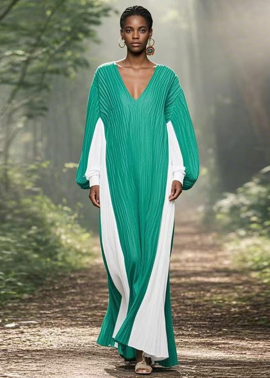 Colorblock V Neck Wrinkled Chiffon Long Dresses Spring
