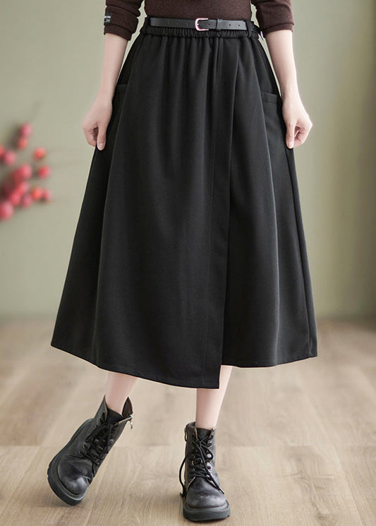 Black High Waist Patchwork Woolen a Line Skirts Asymmetrical